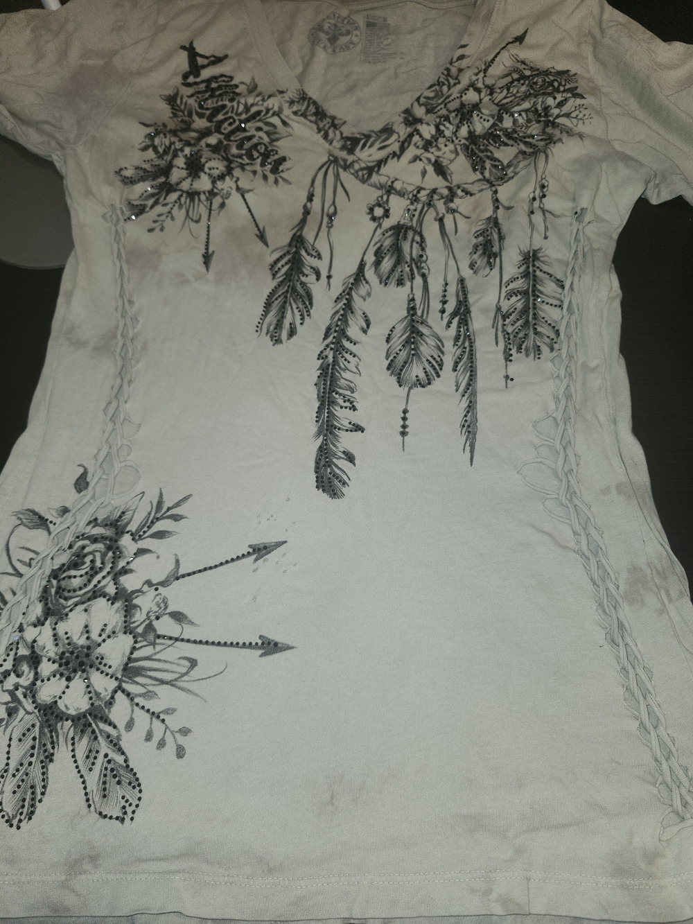 Affliction Cream V-Neck Feather & Floral Graphic Tee